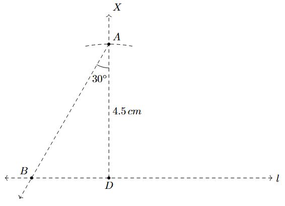 Step 4 Step 4: An angle DAB of 30 degrees is constructed. The ray intersects line l at B.